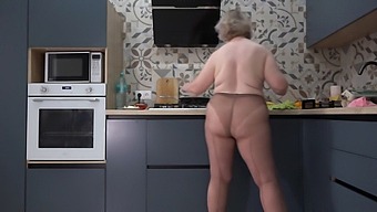 Curvy Wife In Nylon Pantyhose Offers Breakfast In A Steamy Kitchen Scene